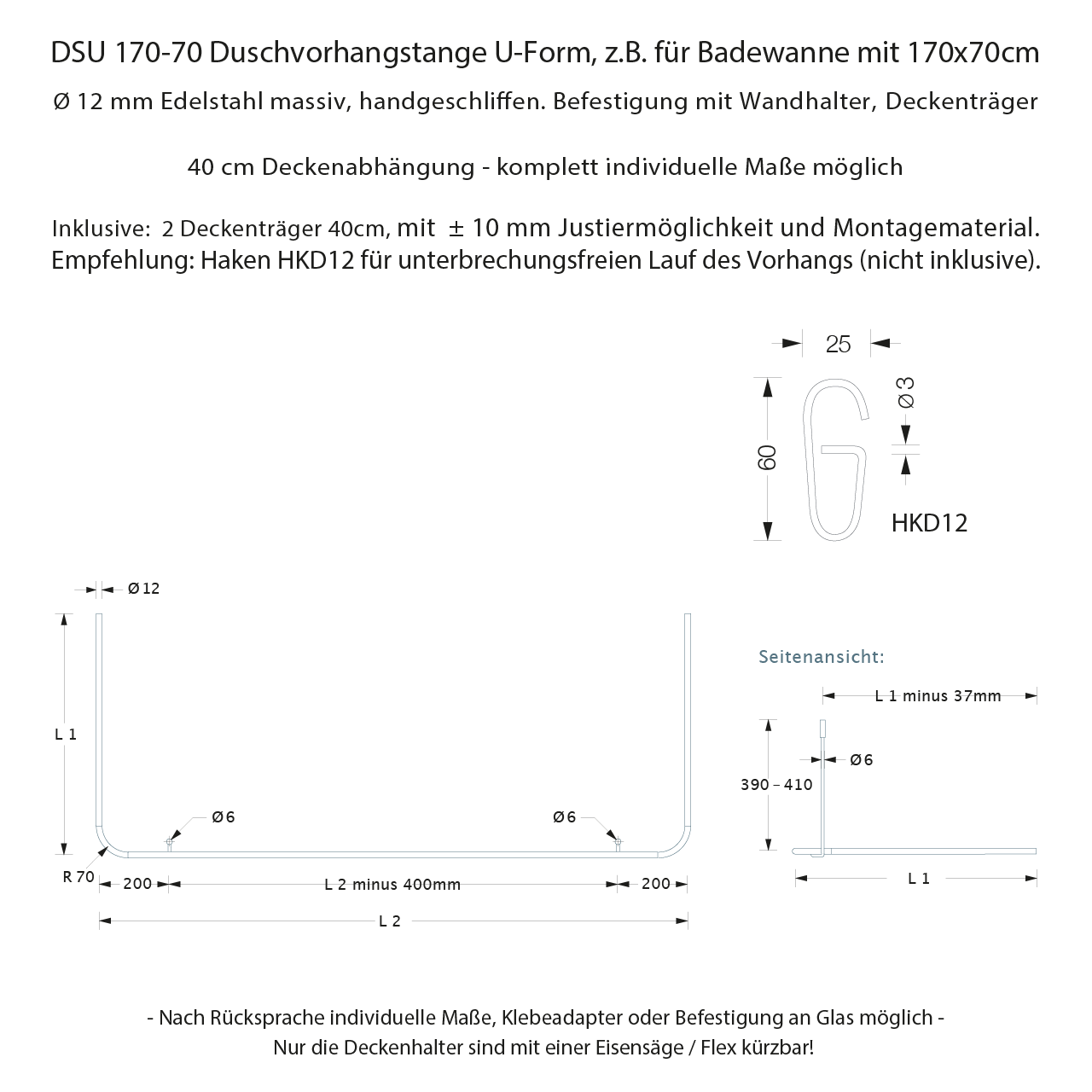 Shower Curtain Rail U Shape DS U 170-70 - Ceiling Mount - Stainless Steel Shower Curtain Rail U Shape DS U 170-70 - Ceiling Mount - Stainless Steel