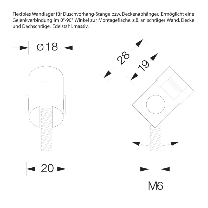 Flexible Shower Curtain Rod Bracket for Sloped Wall and Angled Ceiling - Stainless Steel