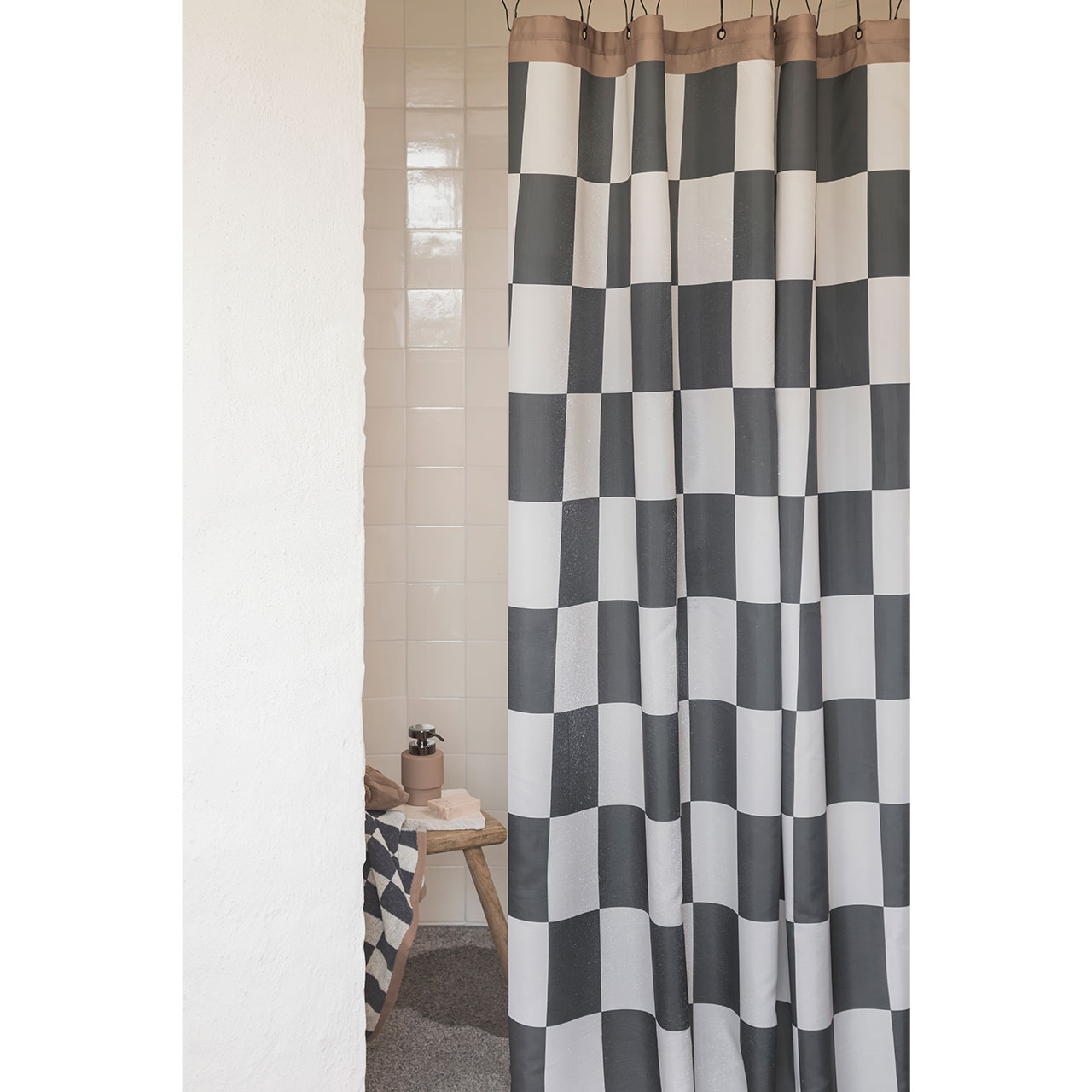Textile Shower Curtain 150x200 - Retro Check Grey - Textile Shower Curtain 150x200 - Retro Check Grey -