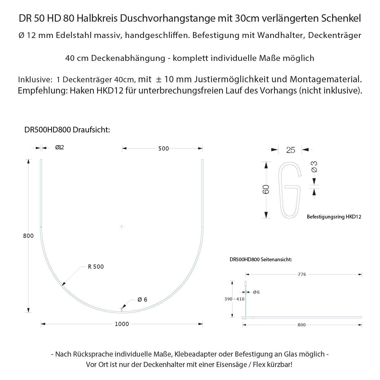 Shower Curtain Rod Half Circle Extended DR50HD80 - Ceiling Mount - Stainless Steel Shower Curtain Rod Half Circle Extended DR50HD80 - Ceiling Mount - Stainless Steel