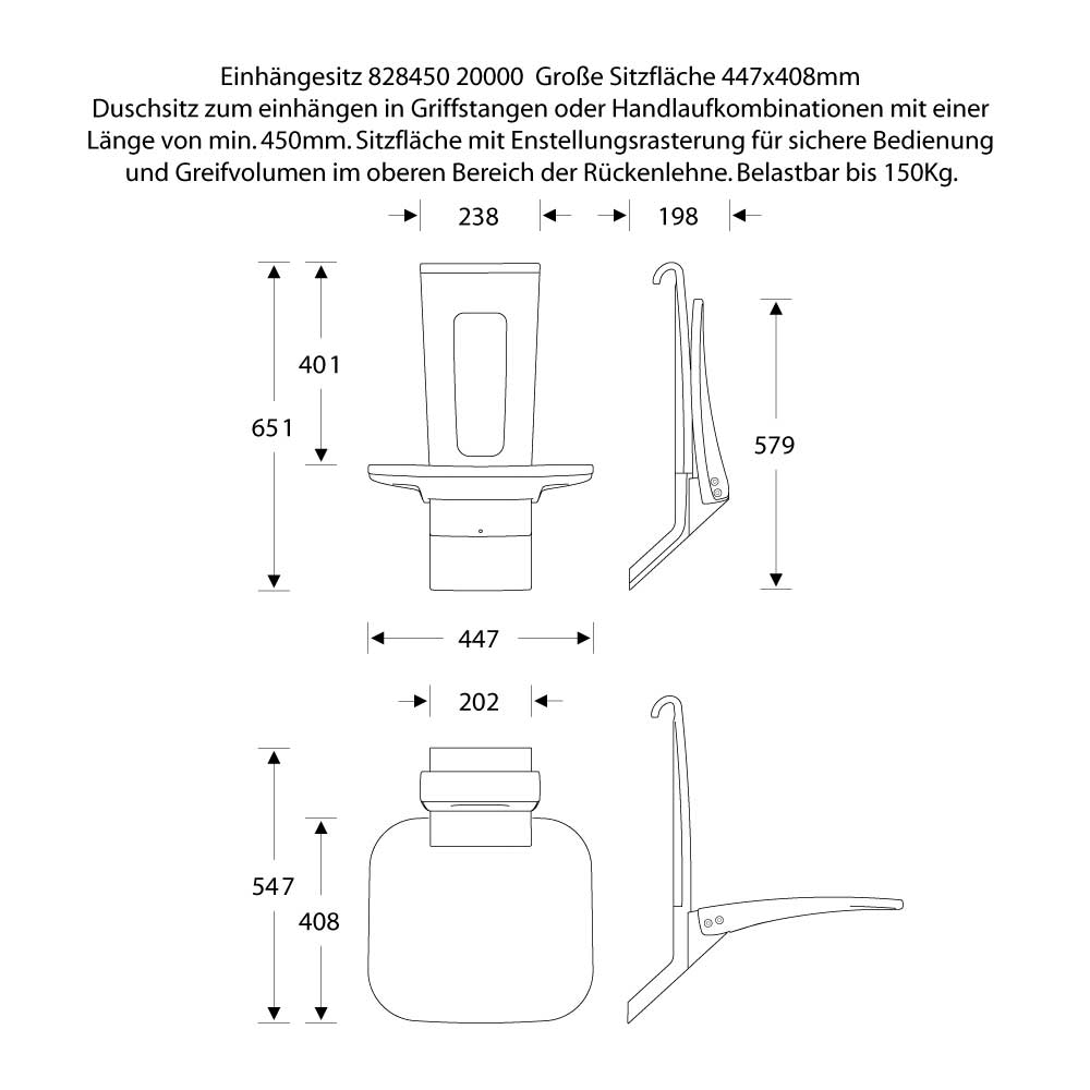 Duschklappsitz als Duschstuhl zum Einhängen - mit Rückenlehne - ErgoSystem A100