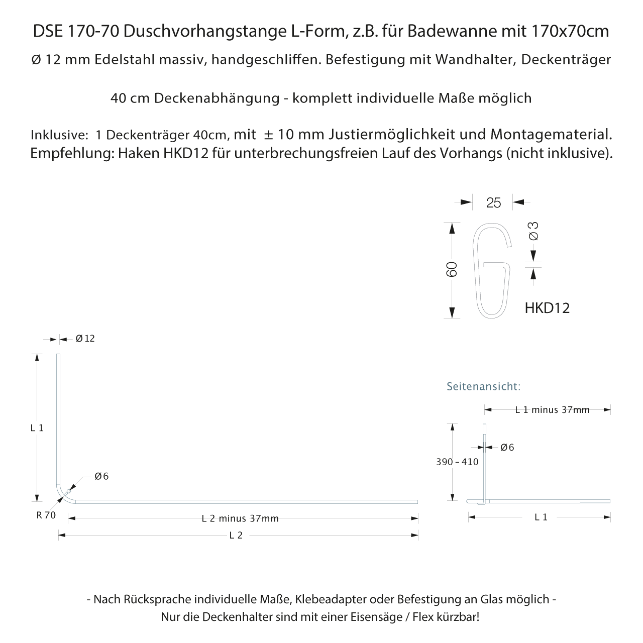 Shower Curtain Rail L Shape DSE 170-70 - Ceiling Mount - Stainless Steel Shower Curtain Rail L Shape DSE 170-70 - Ceiling Mount - Stainless Steel
